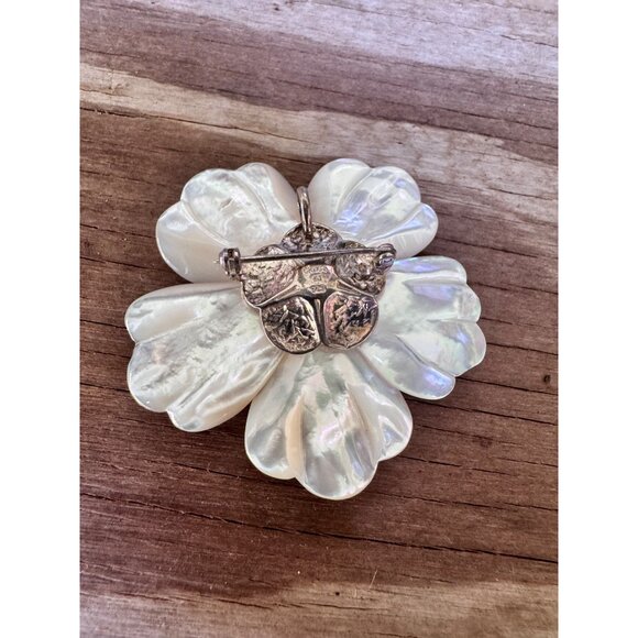 Vintage Mother Of Pearl Sterling Silver Floral Brooch With Pendant Bezel - Picture 5 of 7